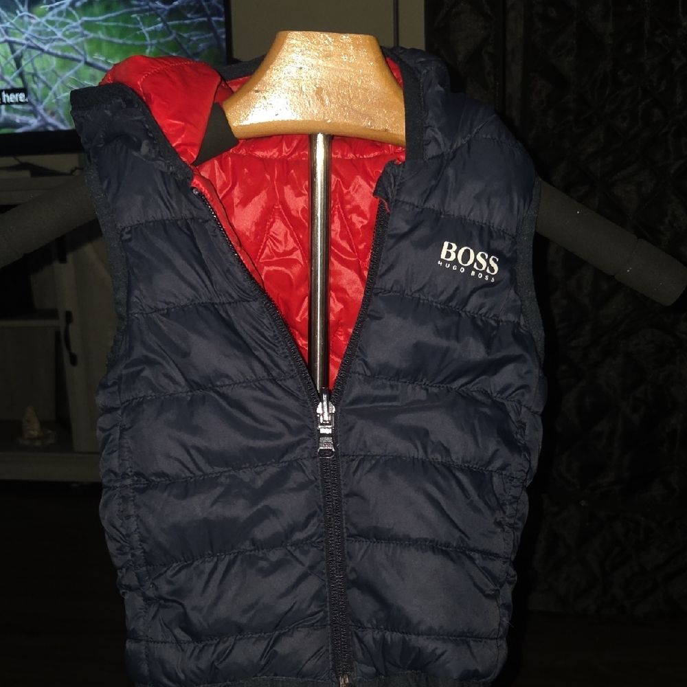 Hugo Boss Boys Navy Puffer Vest with Red Interior
